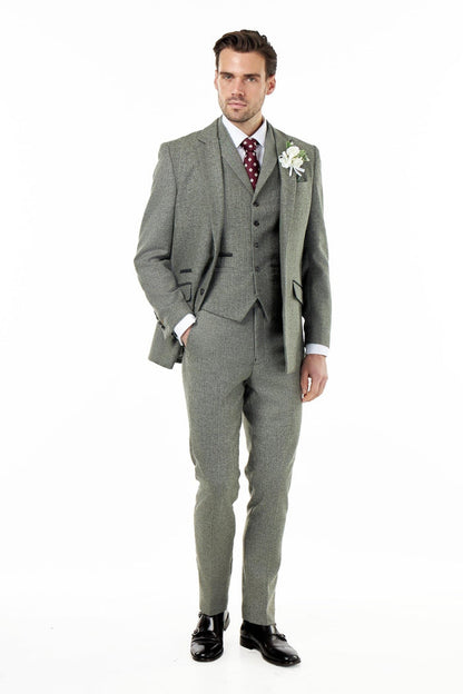 BRUCE – TAILORED SAGE GREEN WOOL RICH SUIT HERRINGBONE