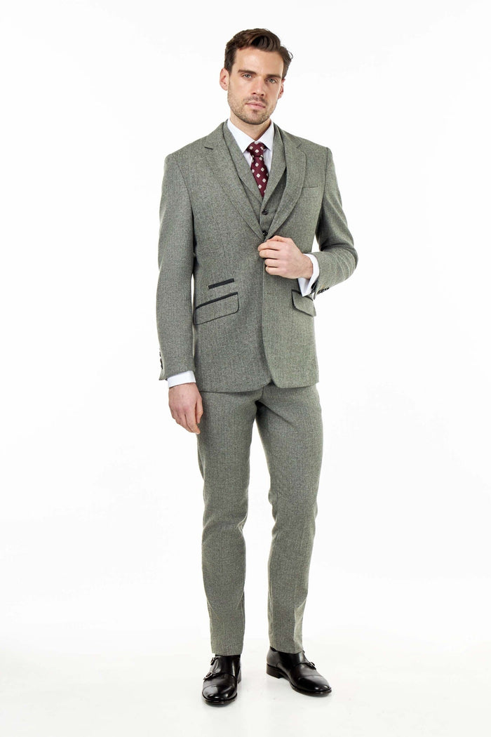 BRUCE – TAILORED SAGE GREEN WOOL RICH SUIT HERRINGBONE