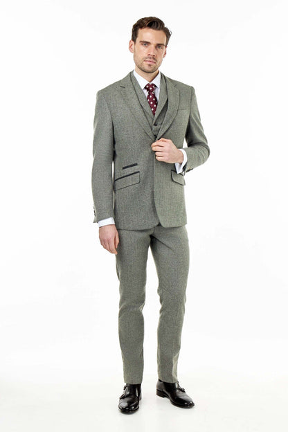 BRUCE – TAILORED SAGE GREEN WOOL RICH SUIT HERRINGBONE