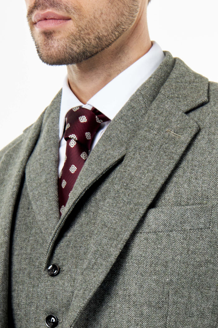 BRUCE – TAILORED SAGE GREEN WOOL RICH SUIT HERRINGBONE