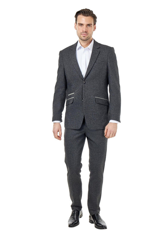 BRUCE – TAILORED WOOL RICH GREY HERRINGBONE SUIT -2 PIECE