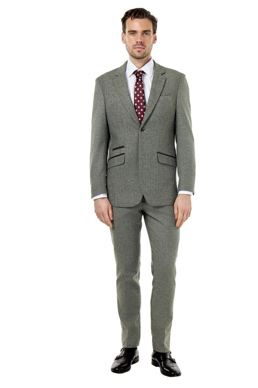 BRUCE – TAILORED WOOL RICH SAGE GREEN HERRINGBONE SUIT -2 PIECE