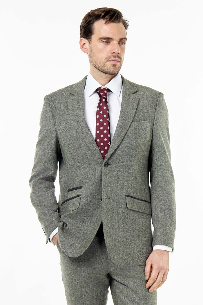 BRUCE – TAILORED WOOL RICH SAGE GREEN HERRINGBONE SUIT -2 PIECE