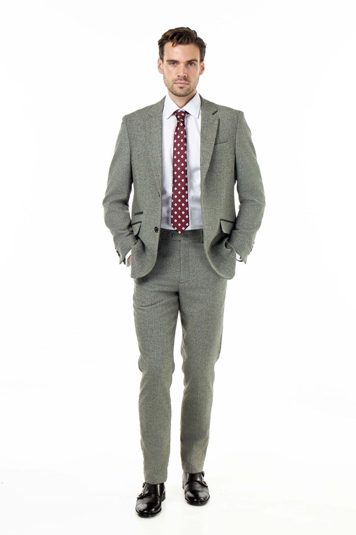 BRUCE – TAILORED WOOL RICH SAGE GREEN HERRINGBONE SUIT -2 PIECE