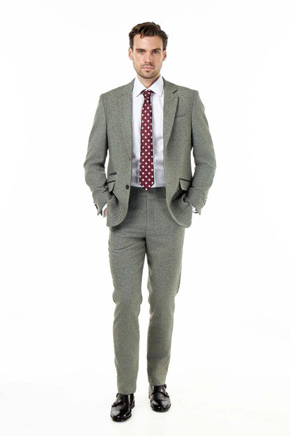 BRUCE – TAILORED WOOL RICH SAGE GREEN HERRINGBONE SUIT -2 PIECE