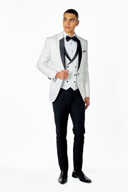 BRUCE – WHITE TUXEDO 3 PIECE SUIT FLORAL PAISLEY PRINT
