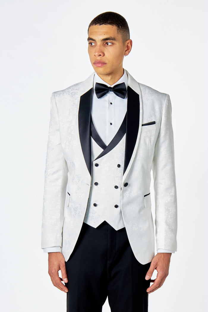 BRUCE – WHITE TUXEDO 3 PIECE SUIT FLORAL PAISLEY PRINT