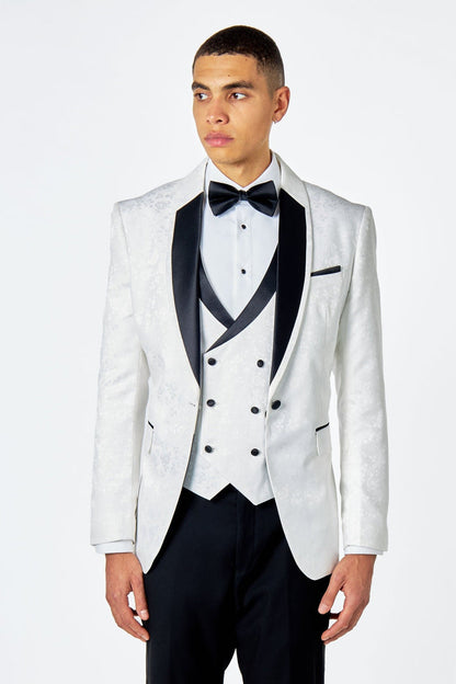 BRUCE – WHITE TUXEDO 3 PIECE SUIT FLORAL PAISLEY PRINT
