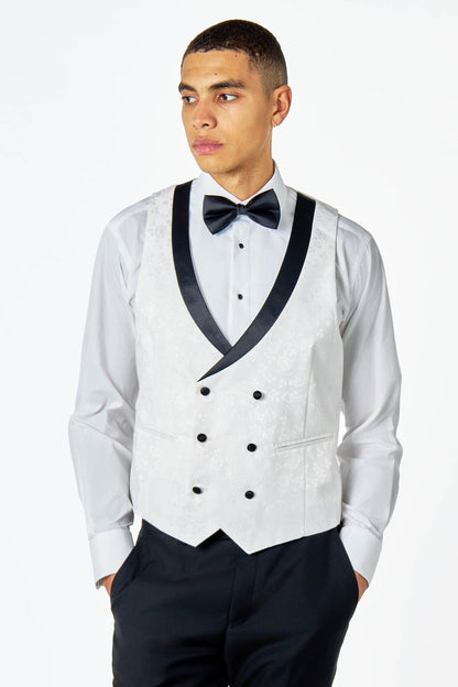 BRUCE – WHITE FLORAL DOUBLE BREASTED TUXEDO SUIT WAISTCOAT