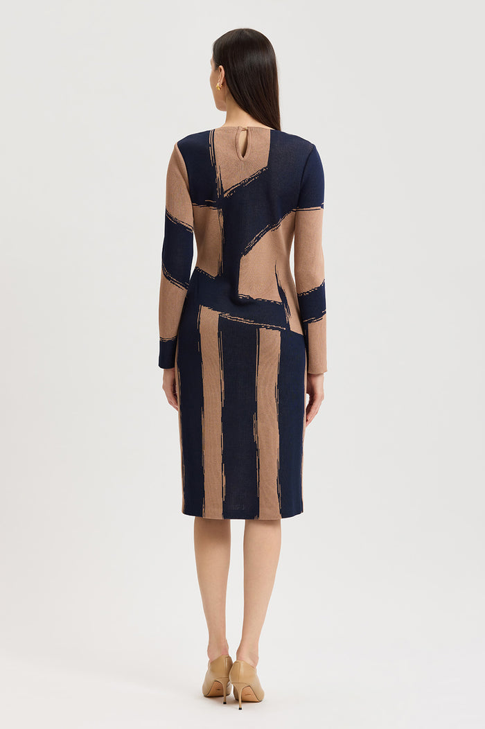 Brushstroke Soft Knit Sheath Dress, Warm Taupe/Indigo | Ming Wang