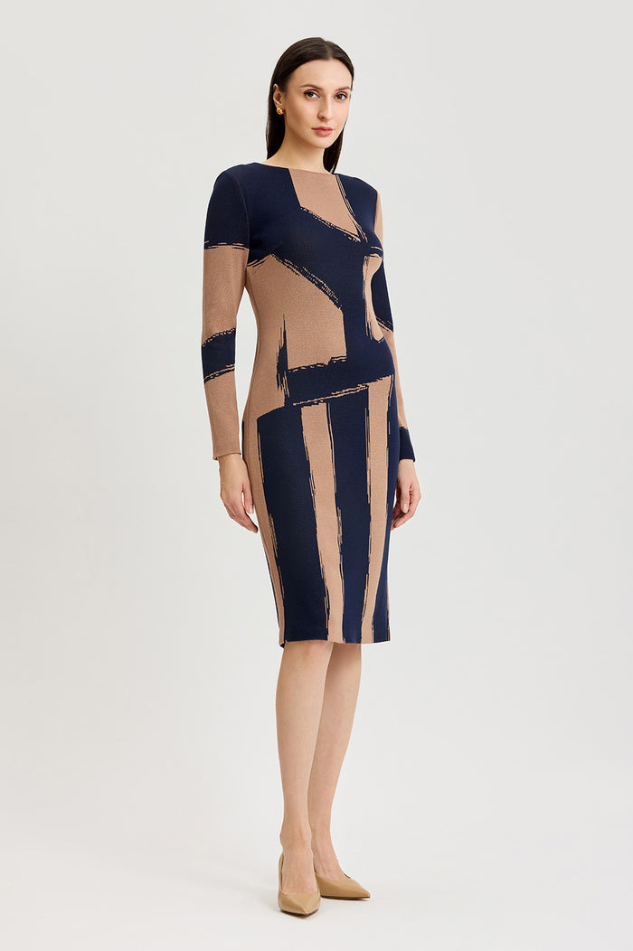 Brushstroke Soft Knit Sheath Dress, Warm Taupe/Indigo | Ming Wang