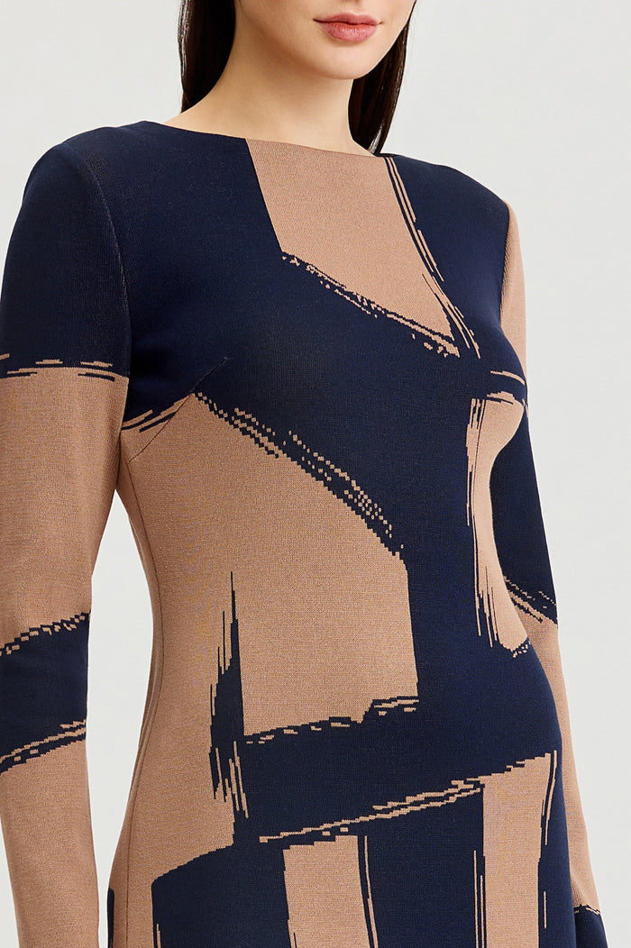 Brushstroke Soft Knit Sheath Dress, Warm Taupe/Indigo | Ming Wang
