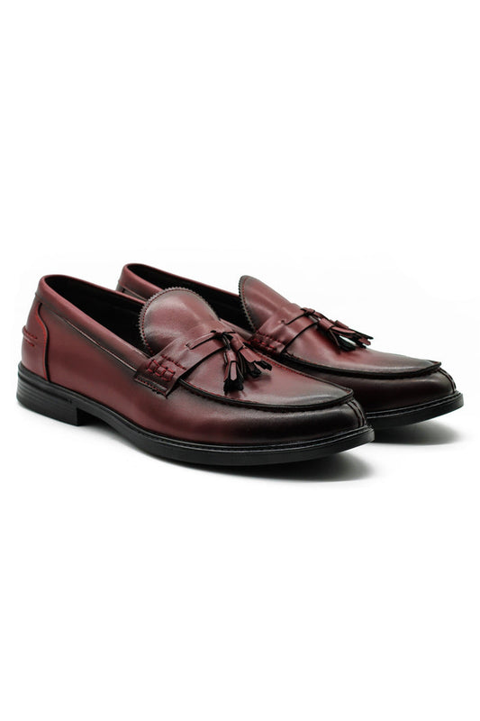 Burgundy Faux Leather Tassel Loafers Retro Slip-On Dress Shoes