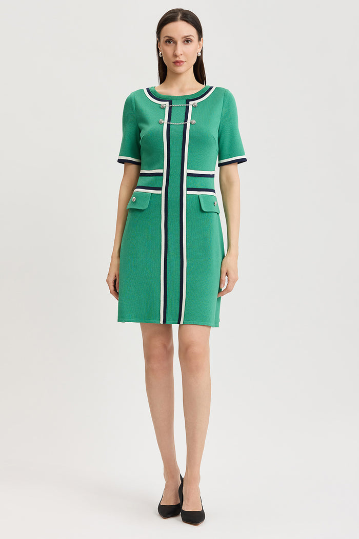 Button Detail Contrast Trim Soft Knit Dress, Kelly Green/Indigo/Ivory | Ming Wang