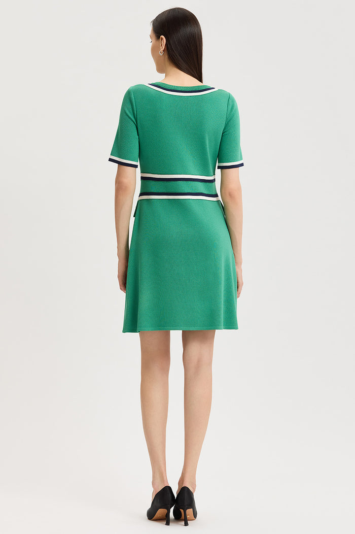 Button Detail Contrast Trim Soft Knit Dress, Kelly Green/Indigo/Ivory | Ming Wang