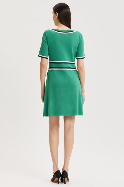 Button Detail Contrast Trim Soft Knit Dress, Kelly Green/Indigo/Ivory | Ming Wang