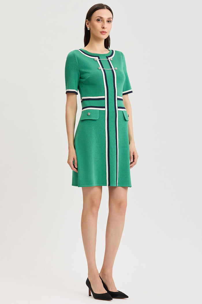 Button Detail Contrast Trim Soft Knit Dress, Kelly Green/Indigo/Ivory | Ming Wang