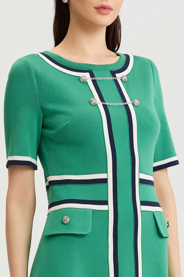 Button Detail Contrast Trim Soft Knit Dress, Kelly Green/Indigo/Ivory | Ming Wang