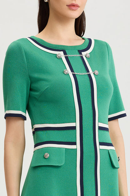 Button Detail Contrast Trim Soft Knit Dress, Kelly Green/Indigo/Ivory | Ming Wang