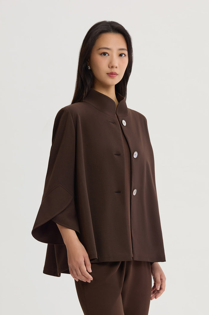 Button-Front Bell Sleeve Deco Crepe Jacket, Dark Umber, Dark Umber | Ming Wang