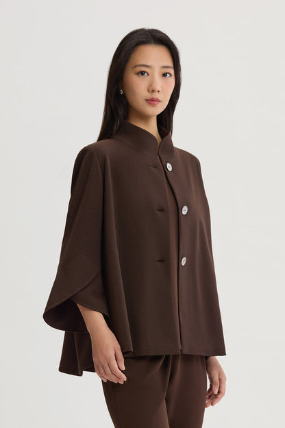 Button-Front Bell Sleeve Deco Crepe Jacket, Dark Umber, Dark Umber | Ming Wang
