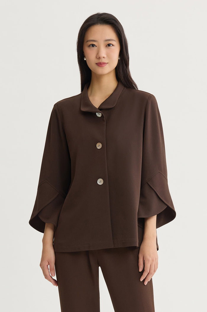 Button-Front Bell Sleeve Deco Crepe Jacket, Dark Umber, Dark Umber | Ming Wang