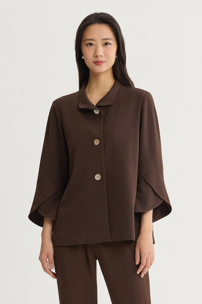 Button-Front Bell Sleeve Deco Crepe Jacket, Dark Umber, Dark Umber | Ming Wang