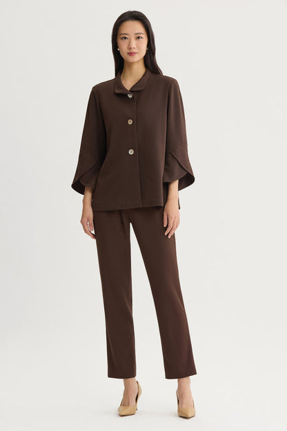 Button-Front Bell Sleeve Deco Crepe Jacket, Dark Umber, Dark Umber | Ming Wang
