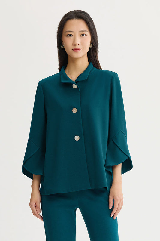 Button-Front Bell Sleeve Deco Crepe Jacket, Deep Teal, Deep Teal | Ming Wang