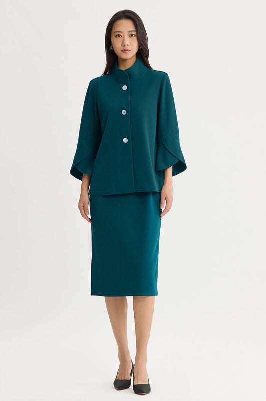 Button-Front Bell Sleeve Deco Crepe Jacket, Deep Teal, Deep Teal | Ming Wang