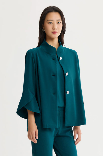 Button-Front Bell Sleeve Deco Crepe Jacket, Deep Teal, Deep Teal | Ming Wang