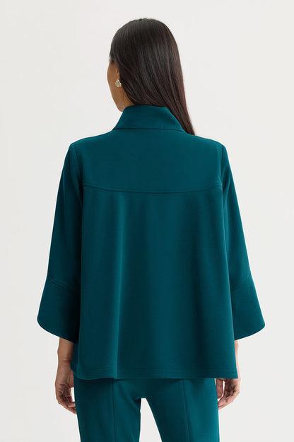 Button-Front Bell Sleeve Deco Crepe Jacket, Deep Teal, Deep Teal | Ming Wang
