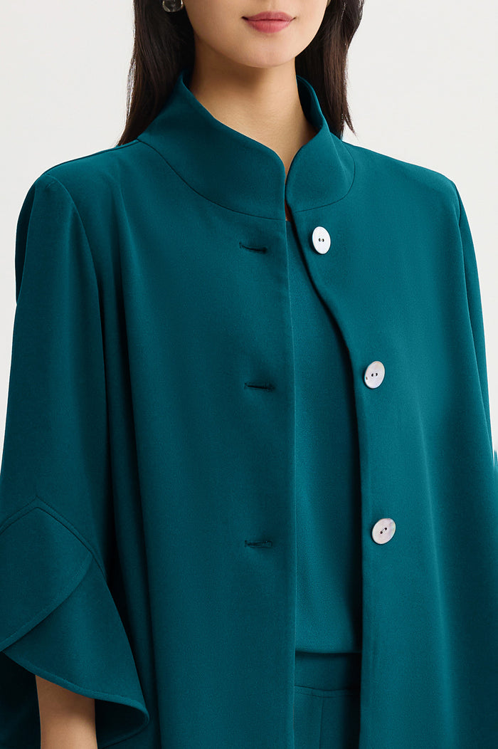 Button-Front Bell Sleeve Deco Crepe Jacket, Deep Teal, Deep Teal | Ming Wang