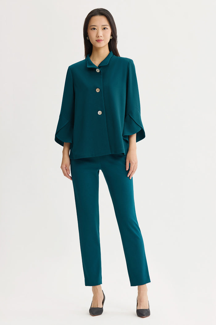 Button-Front Bell Sleeve Deco Crepe Jacket, Deep Teal, Deep Teal | Ming Wang