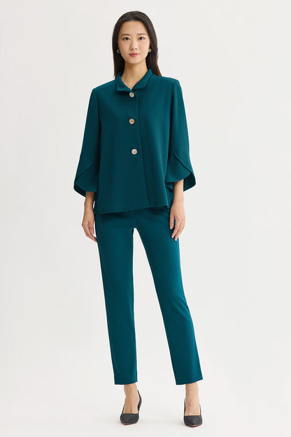 Button-Front Bell Sleeve Deco Crepe Jacket, Deep Teal, Deep Teal | Ming Wang