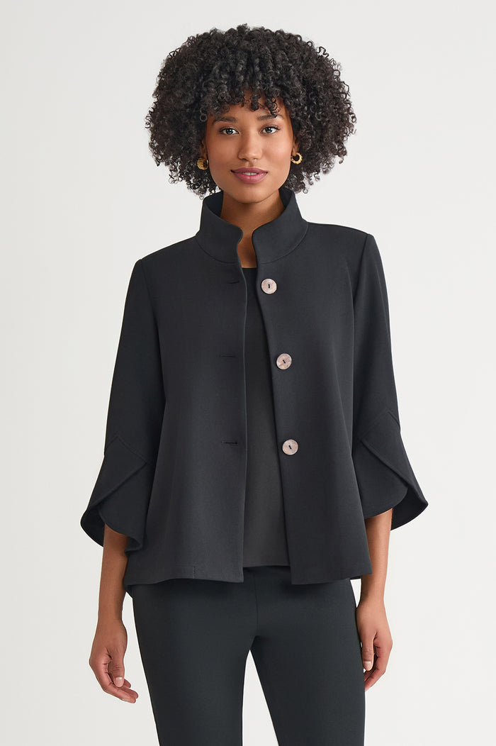 Button-Front Bell Sleeve Deco Crepe Jacket, Black | Ming Wang