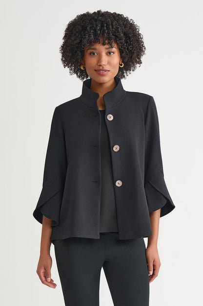 Button-Front Bell Sleeve Deco Crepe Jacket, Black | Ming Wang
