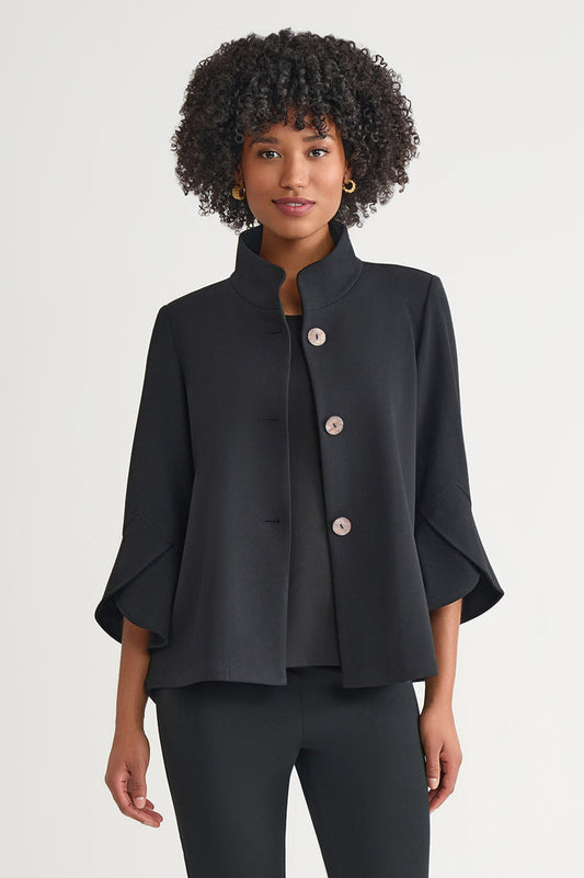 Button-Front Bell Sleeve Deco Crepe Jacket, Black | Ming Wang