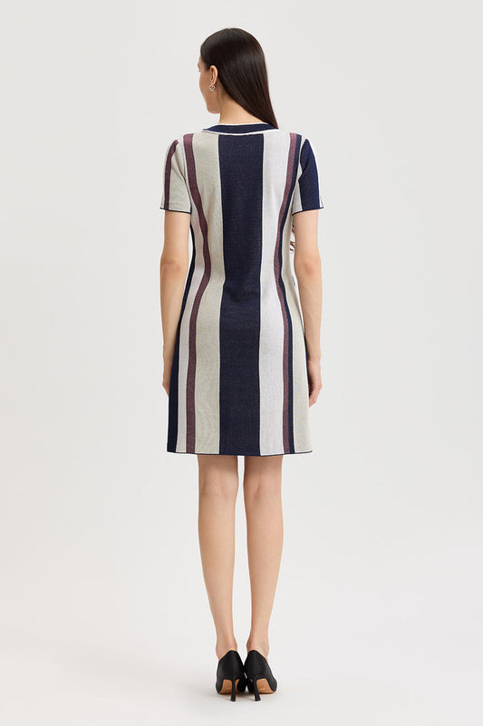 Button-Front Striped Soft Knit Dress, Sunkist Coral/Indigo/Limestone/White | Ming Wang
