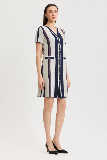 Button-Front Striped Soft Knit Dress, Sunkist Coral/Indigo/Limestone/White | Ming Wang