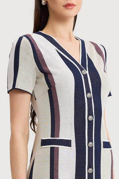 Button-Front Striped Soft Knit Dress, Sunkist Coral/Indigo/Limestone/White | Ming Wang