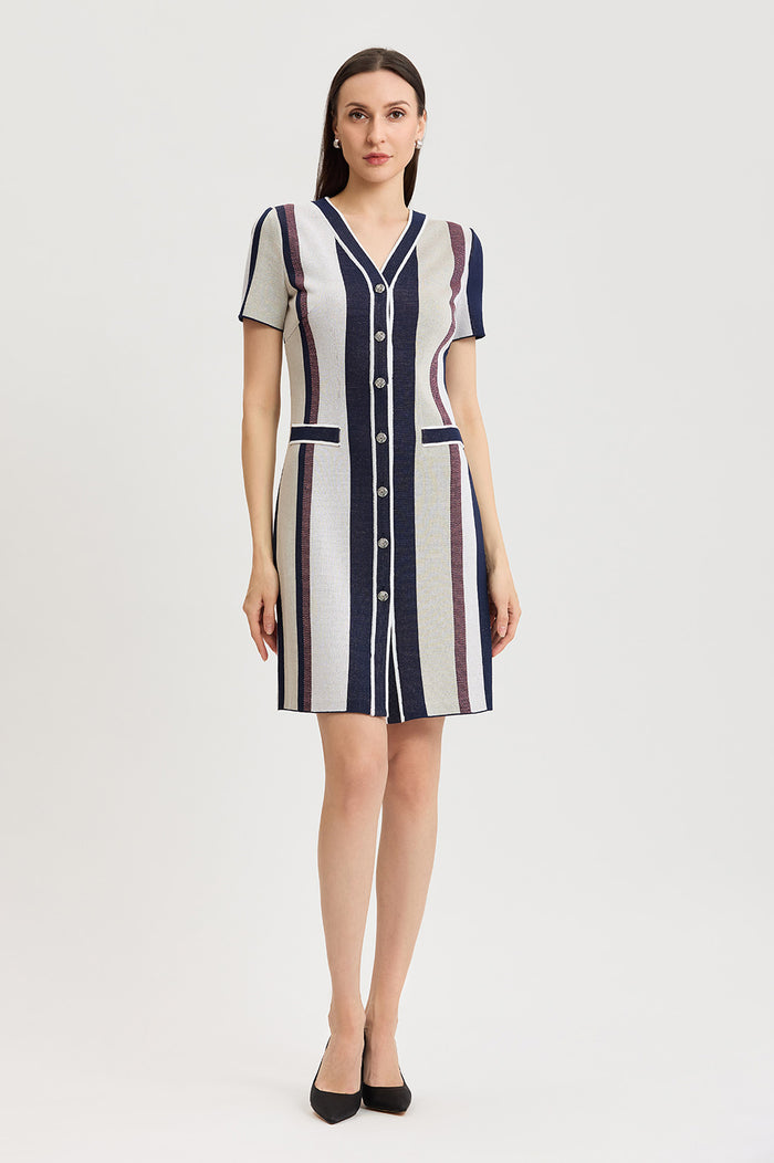 Button-Front Striped Soft Knit Dress, Sunkist Coral/Indigo/Limestone/White | Ming Wang