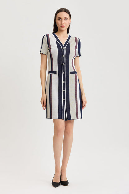 Button-Front Striped Soft Knit Dress, Sunkist Coral/Indigo/Limestone/White | Ming Wang
