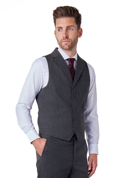 CALIX – Charcoal Wool Mix Herringbone Collared Waistcoat