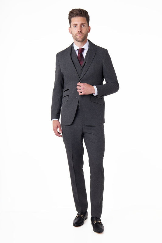 CALIX – Dark Grey Herringbone Tweed Tailored 3 Piece Suit