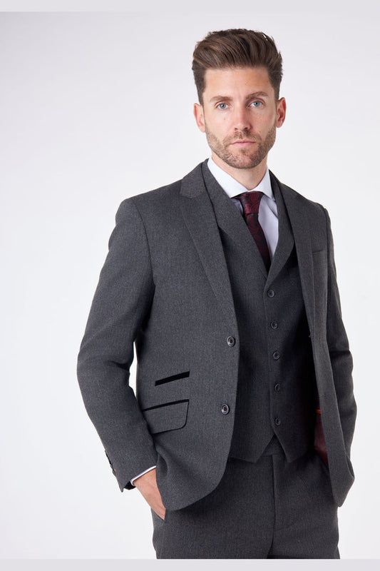 CALIX – Dark Grey Herringbone Tweed Tailored 3 Piece Suit