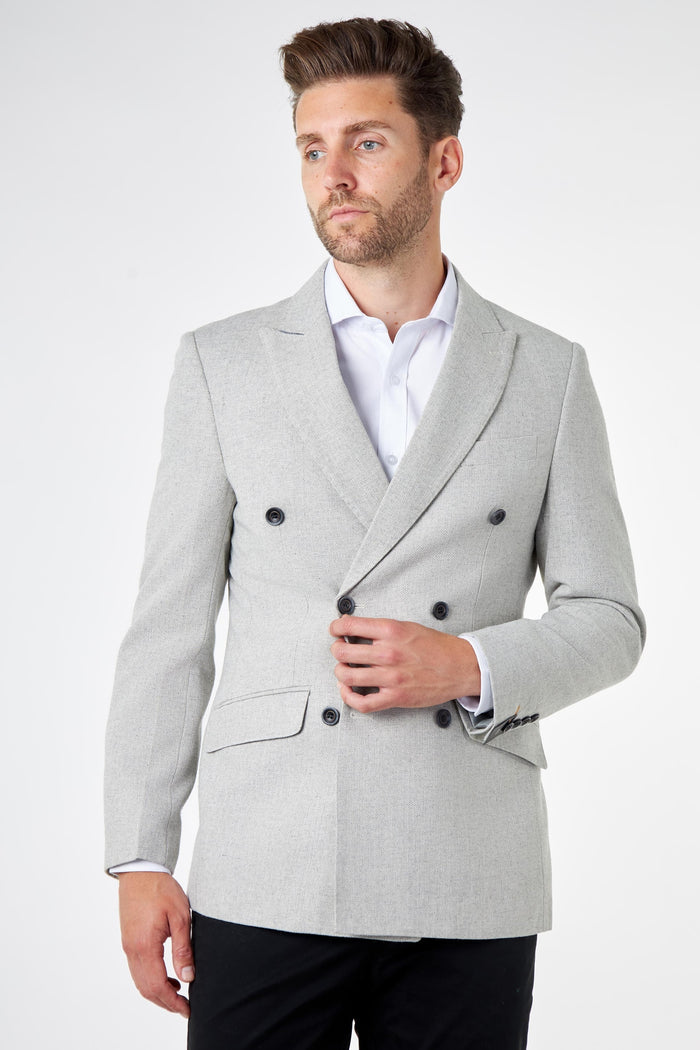 CALIX – Grey Herringbone Tailored Double Breasted Blazer