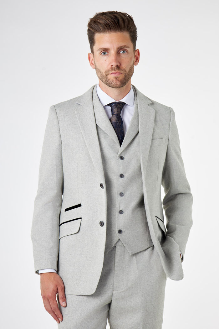 CALIX – Herringbone Tweed Tailored 3 Piece Suit in Grey