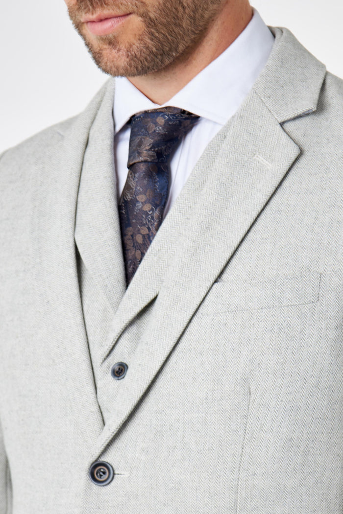 CALIX – Herringbone Tweed Tailored 3 Piece Suit in Grey
