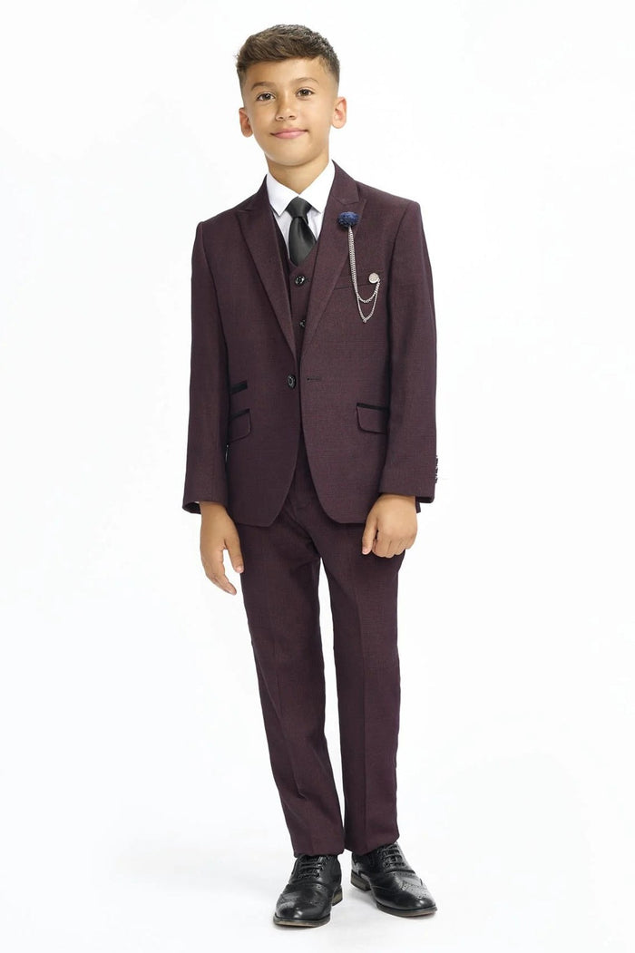 CARIDI – BOYS 3 PIECE SUIT IN MAROON CHECK